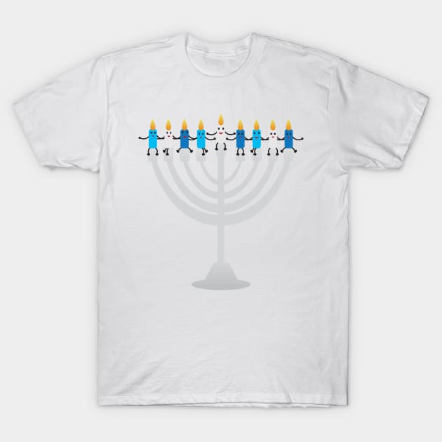 Funny Hanukkah illustration, Cute candles characters sitting on Hanukkah menorah T-Shirt by sigdesign